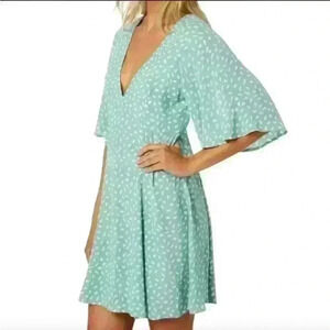 Minkpink Alannah Tea Dress V Neck Size Medium Teal Short Sleeve Flutter Sleeve